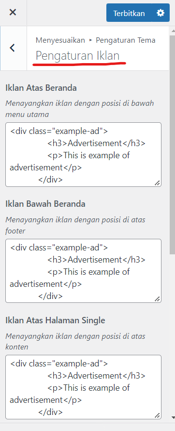 cara pasang iklan di tema shura pro