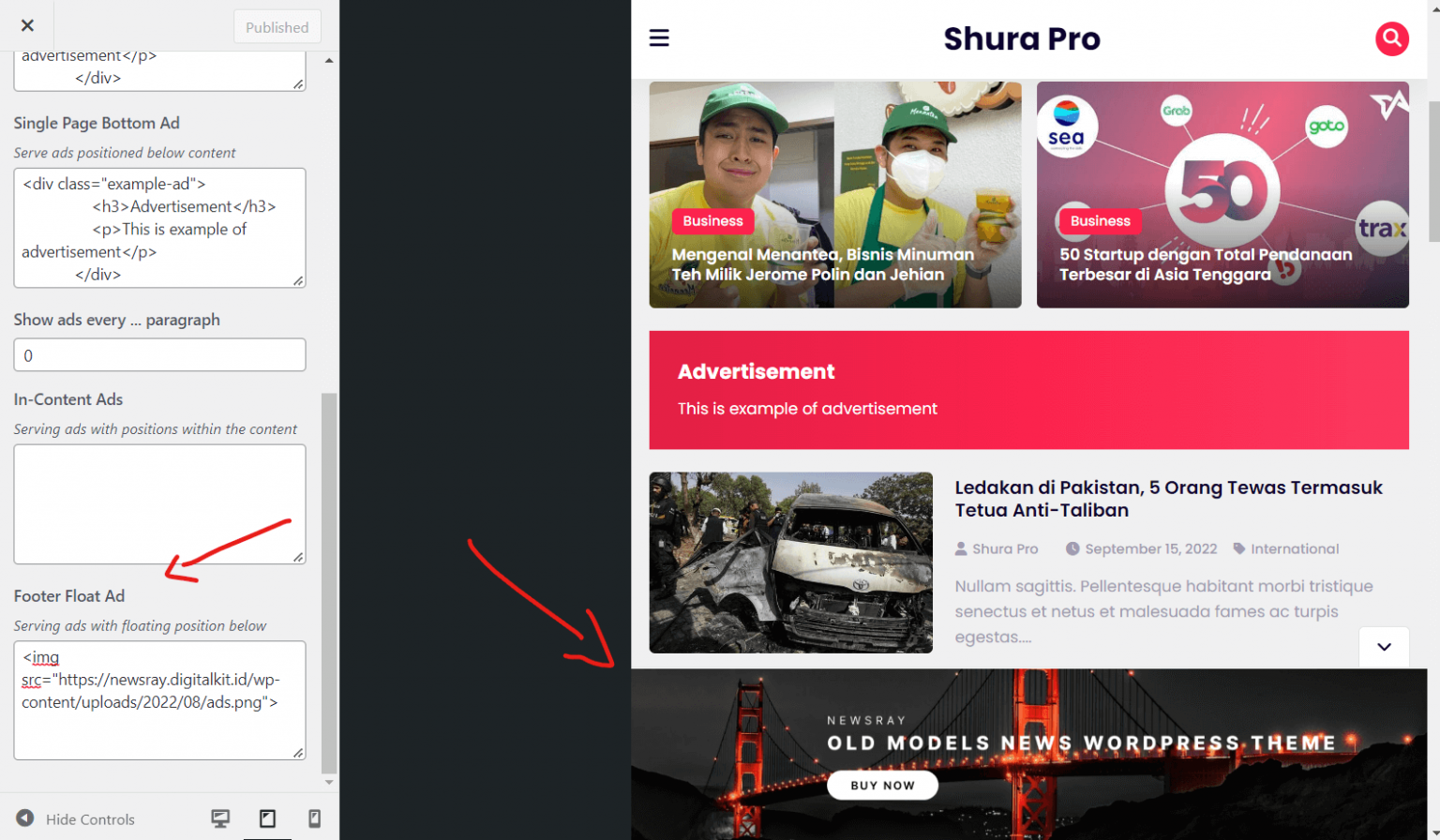 Cara Memasang Floating Ads di Theme Shura Pro Digitalkit Documentation